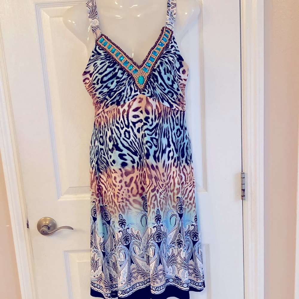 VENUS midi dress sz S Animal Print turquoise embellishments